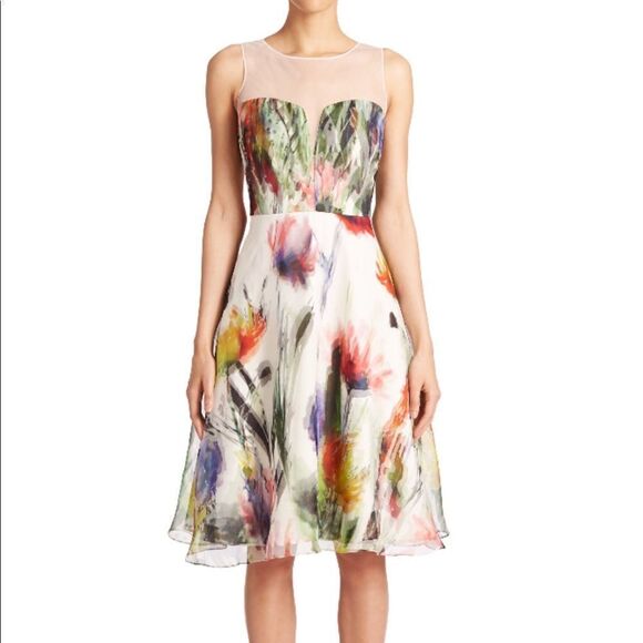 Badgley Mischka Sleeveless 100% Silk Illusion Floral Watercolor Print Dress